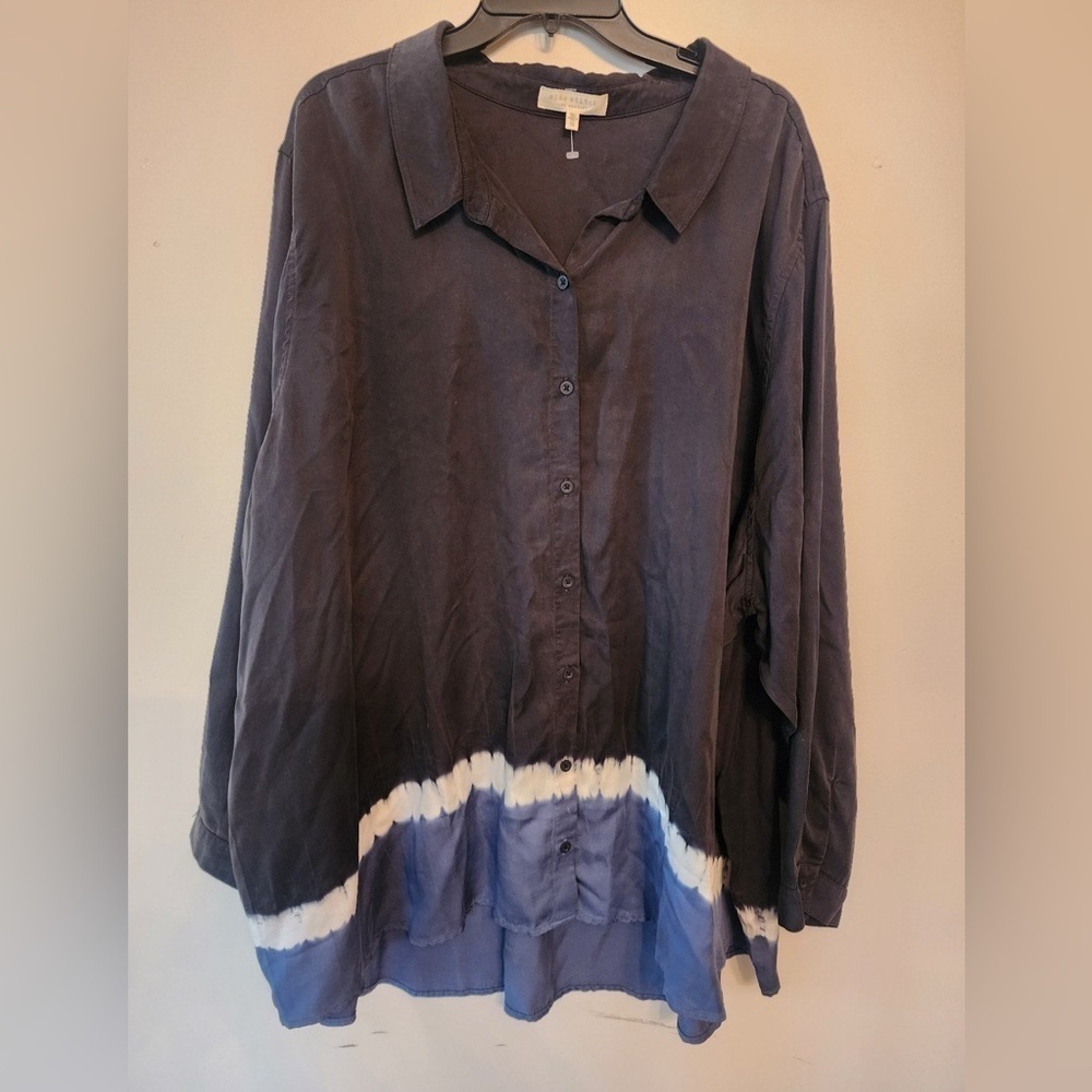 Side Stitch Button Down Stripe Dye Shirt Blue Stripe size womens 5x